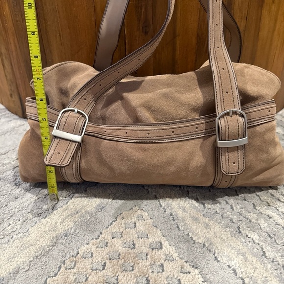 Longaberger Fold Over Hobo Handbag Purse Suede Leather Taupe Sisters P - Picture 4 of 12